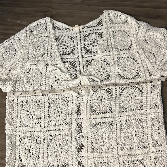 SOLITAIRE WHITE CROCHET GRANNY SQUARE OPEN KNIT CARDIGAN/KIMONO/DUSTER (M) - Picture 10 of 13